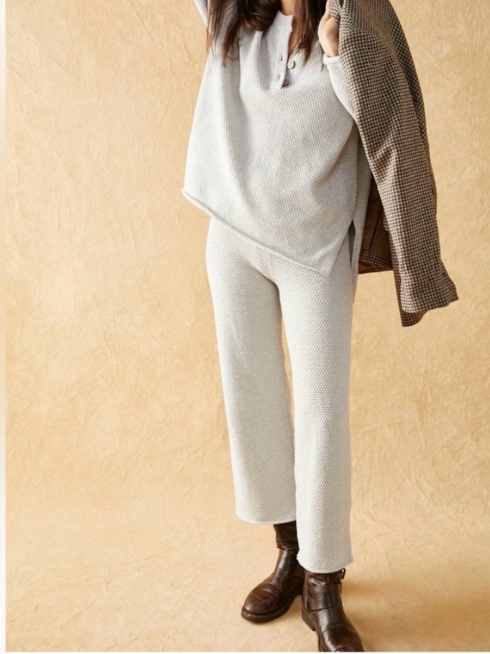 Free People Cozy-Waffle Knit Wide-Leg Pants in Light Gray size Medium